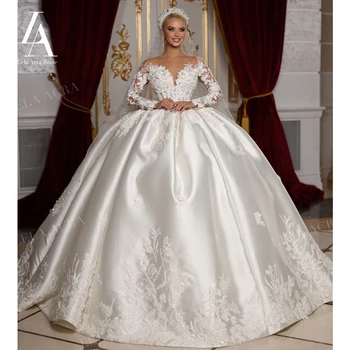 LelaAcra топка рокля сватбена рокля 2023 дълъг ръкав 3D цветя перли съд влак принцеса булка SF60 плюс размер Вестидо де Нойва