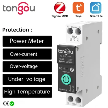 TUYA ZigBee MCB интелигентен прекъсвач над ток под защита от напрежение с измерване 1-63A безжичен превключвател за дистанционно управление