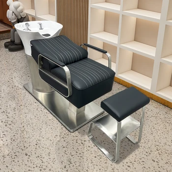 Неръждаема стомана шампоан столове за бръснарница Специални керамични шампоан мивка седи полу-легнал фризьорски салон търговски шампоан легло