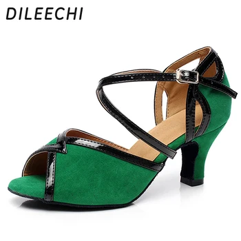 DILEECHI Новото зелено кадифе Латино танцови обувки женски възрастен мека подметка Обувки за бални танци Салса самба Танго обувки
