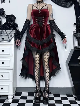 Хелоуин Хараджуку Лолита фея ядро парти рокля готически гръндж пънк жени косплей дантела тънък черни костюми роля играе Y2K Plus