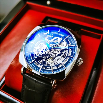 Aokulasic Top Brand Луксозен часовник Мъже Водоустойчив спортен скелет часовници Кожена лента Автоматични механични ръчни часовници Мъже