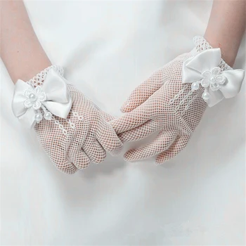 Модни принцеса сватбени ръкавици за момичета Mesh вечерни детски празнични аксесоари с ръкавици за рожден ден лък изпълнение