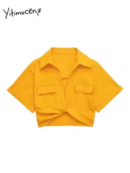 Yitimuceng Масивна ленена риза за жени 2023 Нова къс ръкав корейска мода Елегантни кроп блузи Дамски ежедневни джоб Y2k отгоре