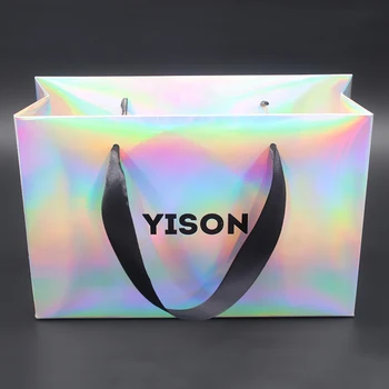 500pcs персонализирано лого луксозна холографска хартия пазаруване опаковки подаръчни чанти, грим козметични дрехи опаковане чанта