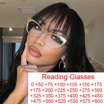 Gold Clear Half Frame Cat Eye Reading Glasses Дамски модни компютърни очила Sexy Cateye Метална рамка Очила със синя светлина +1.75