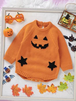 Хелоуин малко дете унисекс плета пуловер гащеризон дълъг ръкав екипажа врата призрак печат боди есен уютен костюм