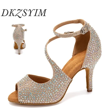 DKZSYIM Латино танц обувки за жени бална зала танго кристали танци обувки високи токчета черно/сребро/злато Дамски сватбени обувки