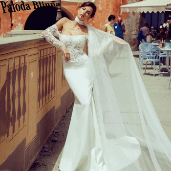 Paloda Романтични русалка сватбени рокли с ръкави за жени дантела апликации от рамото Abito Da Sposa булчинска рокля направена