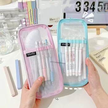 Прозрачен калъф за молив Водоустойчива мрежа с голям капацитет торбичка за писалка чанта Корейски естетически канцеларски чанти за момичета училищни пособия