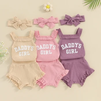 Pudcoco Baby Girls 3Pcs Summer Outfit Sleeveless Letter Гащеризон + Оребрени шорти + Лента за глава Комплект бебешки дрехи 0-18M