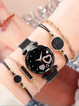 5pcs Дамска мода Starry Sky Love абсорбираща желязна мрежа с кварцов часовник + гривна комбиниран комплект