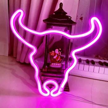 кравешка глава LED неонов знак светлина стена висящи цветни нощна лампа Начало парти декоративно осветление орнамент детска спалня подаръци