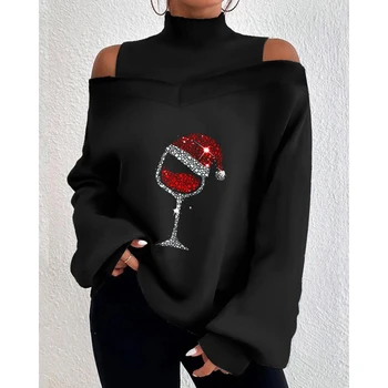 Нова мода жени Коледа вино стъкло печат студено рамо фенер ръкав отгоре Femme дълъг ръкав случайни дама блуза T риза traf