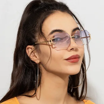 Мода реколта без рамки квадратни слънчеви очила жени луксозна марка дизайнер елегантен пътуване метал рязане обектив слънчеви очила за жени