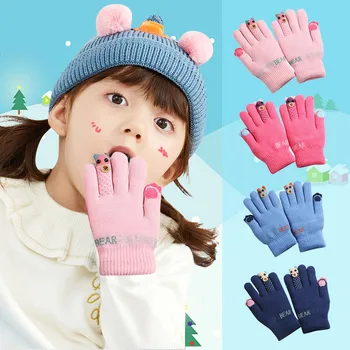 Детски топли ски ръкавици Бебе момчета момичета зимни деца карикатура мечка руно трикотажни дебели пълни пръсти ръкавици ръкавици gant enfant