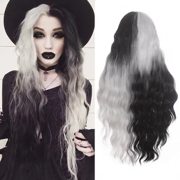 Хелоуин Европейски американски перуки от химически влакна със среден градиент черно-бели перуки за жени с дълга къдрава коса Перука
