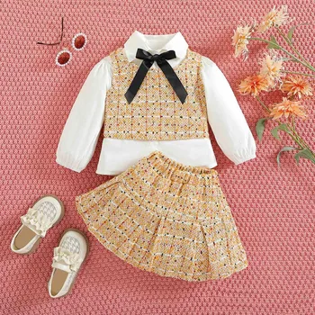 Модно детско облекло за момичета от 2 до 6 години Ризи с вратовръзка + Яке с жилетка + Поли Tweed Toddler Girls Outfit Комплекти