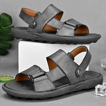 Лято Мъжки сандали Мъжки кожени сандали Класически римски сандали Slip On Slippers Плоски външни плажни обувки Мъже Трекинг сандали
