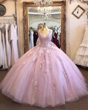 ANGELSBRIDEP розова бална рокля Quinceanera рокли 15 парти официални апликирани дантела етаж дължина маскарад рожден ден рокли