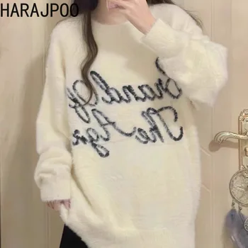 Harajpoo Нов жакард писмо имитация норка коса трикотажен пуловер 2023 есен зима жени хлабав мързелив стил мек лепкав вътрешен връх
