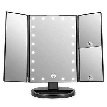Огледало за грим с LED светлини Два режима на захранване Регулируем сензорен екран 1x / 2x / 3x / 10x увеличение Тройно сгънато огледало за суета