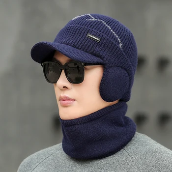Унисекс зимни шапки шапки Snood Комплект топли вълнообразни плетени термични шапки врата топло сгъстяване кожа облицована зимна шапка шал за жени мъже
