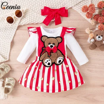 Ceeniu 0-18M Бебешки дрехи комплекти за момичета бяло боди и червена карикатура мечка рокля бебе новородено раждане облекло