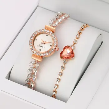 2PCS комплект жени луксозни бизнес часовници случайни кристал сърце гривна дами кварцови ръчни часовници рокля часовник Montre Femme