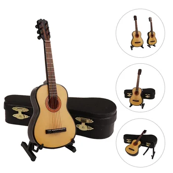 1 Комплект китара Модел Дървена миниатюрна китара със стойка Музикален инструмент Миниатюрен модел Декорация на дома Каки