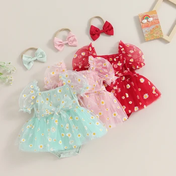 Citgeett Summer Infant Baby Girl Outfits Къс бутер ръкав Daisy Print Гащеризон Тюл рокля лента за глава дрехи комплект