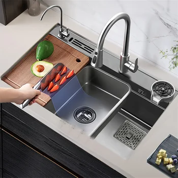 Nano Black Single Slot Кухненска мивка от неръждаема стомана Прибори за кухня Начало Гурме Кухня Ръчно изработени удебелени мивки за мивка