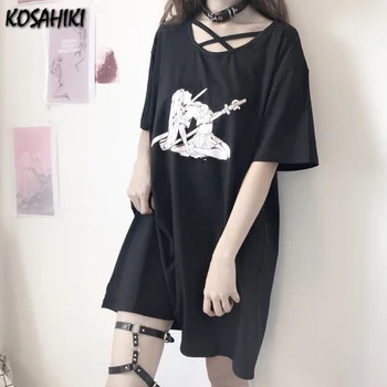 KOSAHIKI Тениска с къс ръкав Дамски черни готически Harajuku T Shirts Dress 2024 Лятна японска карикатура момиче печат улично облекло върхове