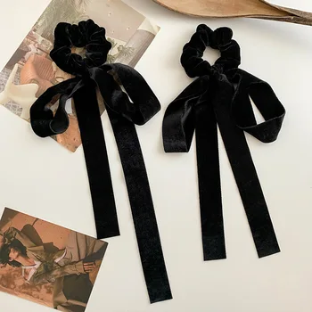 Мода реколта черно кадифе лък коса панделка Scrunchie за жени момичета дълго еластична коса вратовръзка шапки женски аксесоари за коса