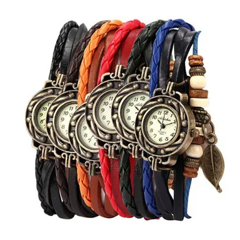 6PC Дамска гривна Weave Wrap Quartz Leather Leaf Beads Wrist Watches часы мужские наручные relogio masculino prova dágua