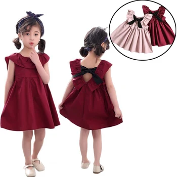 Деца летни деца носят момичета без ръкави плисирана лък рокля памук бебе корейска рокля бебе момичета без гръб рокля