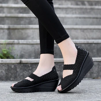 Лято Дамски сандали Обувки Платформа Peep Toe Мода Удобни жени Тъкани обувки Дамски ежедневни обувки Femal Flats