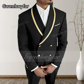Gwenhwyfar класически мъжки черен костюм злато сатен подстригване двоен ред златен бутон сватбено тържество костюм (палто + панталони)