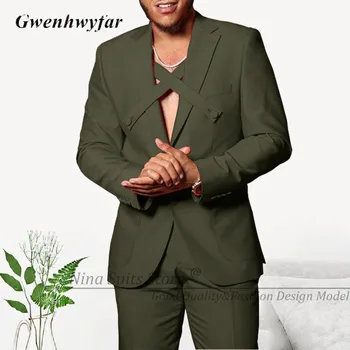 Gwenhwyfar 2023 Нов кръстосан колан дизайн мъжки костюм тъмен маслина 2 броя Groomsmen парти костюм палто панталони тънък годни младоженеца смокинги