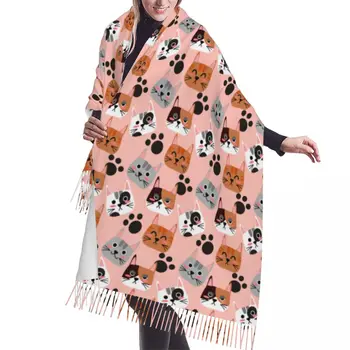 Tassel шал голям 196 * 68cm Пашмина зимен топъл шал обвивка Bufanda женски безшевни карикатура котки и лапи отпечатъци кашмир шалове