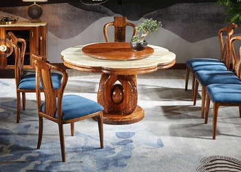 Абанос масивно дърво мрамор кръгла маса за хранене и стол комбинация домакинство грамофон маса за хранене