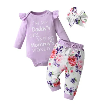 бебе бебе момичета дрехи комплект тънък памук дълъг ръкав гащеризон отгоре и флорални панталони с лента за глава новородено облекло за момичета