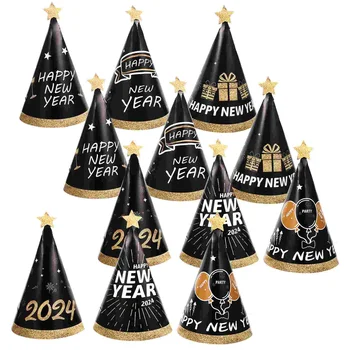 2024 Честита Нова Година Шапки 12Pcs Нова година хартия конус шапки 3D черно парти шапки Нова година парти рожден ден парти снимка