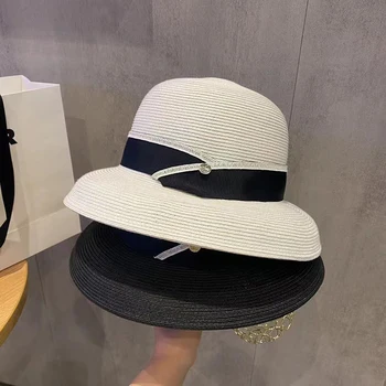2023 Нова популярна Хепбърн стил лък слънце шапка лято широка периферия слама шапки за жени Панама купол кофа капачка анти-UV плажна шапка капак