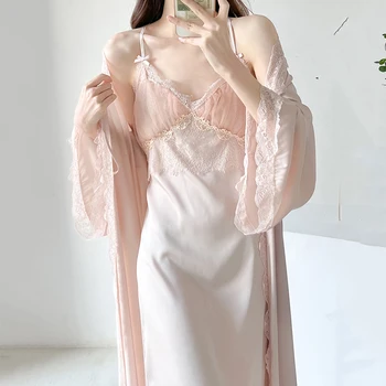 Розов пачуърк дантела сватба Nighty&халат комплект секси женски дълго кимоно халат нощница лято спално облекло ежедневни сатен домашно облекло