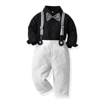 Детски официален костюм пролет есен памук момче дрехи черна риза с бели панталони каишка 4 броя връхни дрехи