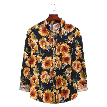 Хавайски дълъг ръкав хлабав риза изненадващ яка бутон слънчоглед печатни блуза пролетта хавайски случайни ежедневно пътуване костюм
