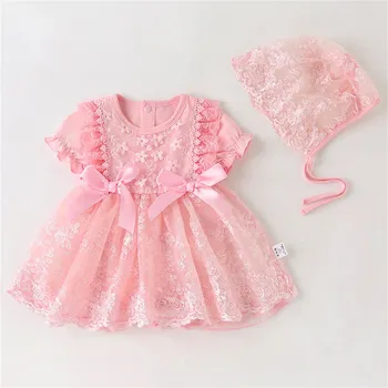 Новородено бебе момиче рокля кръщение рокля&шапка розова рокля за кръщене за бебе момиче дантела вестидос Bebe роба Bapteme 3 6 9 18Месеци