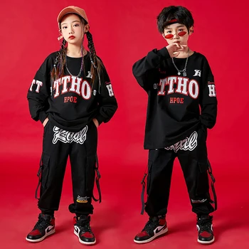 Детски хип-хоп облекло Черен суитчър Блузи Улично облекло Товарни панталони за момичета Момчета Джаз танцов костюм Тийнейджърски дрехи