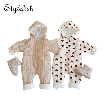 зимно бебе Гащеризон новородено момиче с качулка Снежен костюм Ританки удебелено топло палто отпечатани памучни дрехи